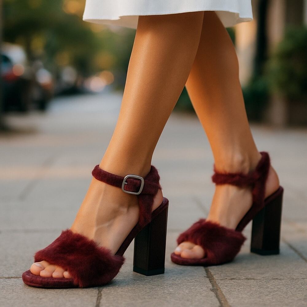 Kenneth Cole Melanie High Heel Sandals Sz 8 Burgundy Fluffy Open Toe